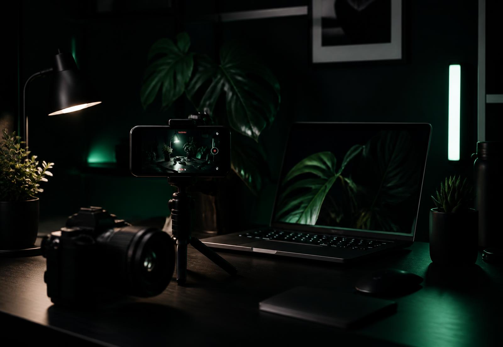 Camera, phone on a tripod and laptop on a dark studio desk